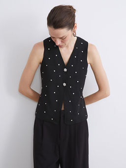 V Yaka Ta?l? Kad?n Triko Yelek