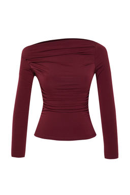 Bordo Buzgu/Drape Detayl? Fitted/Vucuda Oturan Uzun Kollu Esnek Orme Bluz TWOAW25BZ00248