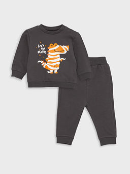 Bisiklet Yaka Uzun Kollu Bask?l? Erkek Bebek Sweatshirt ve Pantolon 2li Tak?m