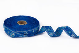 Лента жаккардовая 23 - 25 мм BLITZ С1857 рис. 8887В 25 м лента отделочная Снежинка белый/синий/под золото  фото 6