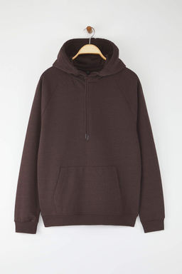 Koyu Kahverengi Oversize/Genis Kesim Kapusonlu Ici Polar/S?cak Tutan Sweatshirt TMNAW23SW00195