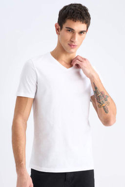 Slim Fit Dar Kesim V Yaka Basic Duz K?sa Kollu Tisort - Defacto фото 2