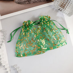 Цена за 100 шт. Мешочек подарочный Веточки 10x12, цвет изумрудный с золотом - Simaland фото 2