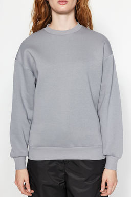 Gri Kal?n Ici Polarl? Regular/Normal Kal?p Bisiklet Yaka Basic Orme Sweatshirt TWOAW24SW00101