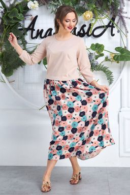 Платье летнее бежевое с юбкой с цветочным принтом - Almond фото 2