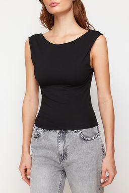 Siyah S?rt Dekolteli Fitted Regular Boy Pamuklu Esnek Orme Bluz TWOSS24BZ00031