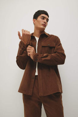 Вельветовая куртка-рубашка стандартного кроя с воротником-поло и длинными рукавами - Defacto фото 3