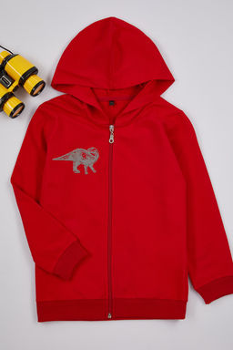 K?rm?z? Erkek Cocuk Bask?l? Kapusonlu Fermuarl? Orme H?rka TKDAW25HI00003 - Trendyolmilla фото 2