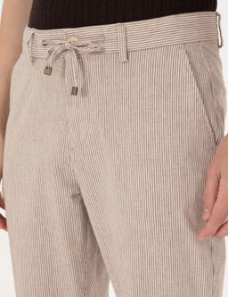 Bej Slim Fit Keten Kar___ml_ Beli _pli _izgili Kanvas Pantolon