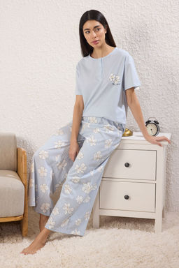 Trendyolmilla Lila %100 Pamuklu Cicekli Dugmeli Orme Pijama Tak?m? THMSS25PT00179