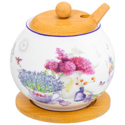Сахарница 620 мл 11*11*12 см "Лаванда" с ложкой, крышкой на дер.подставке, фарфор NEW BONE CHINA
