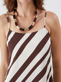 Kare Yaka ?izgili Keten Kar???ml? Elbise