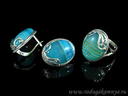 Кольцо Серьги с агатом тонированным, цв.голубой размер 18