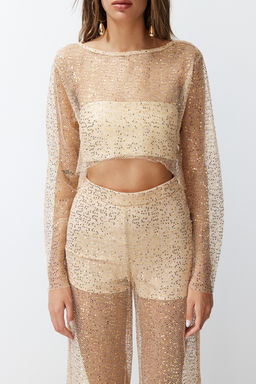 Bej Crop Astars?z Par?lt?l? Payetli Orme File Bluz TPRSS24BZ00009 - Trendyolmilla фото 4
