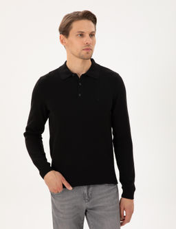 Siyah Slim Fit Polo Yaka Basic Triko Kazak - Pierre cardin фото 3