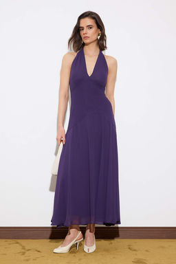 Limited Edition Mor Volanl? Sifon Maxi Astarl? S?k/Gece Elbise TPRSS26EL00032