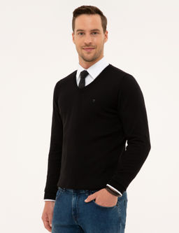 Siyah Slim Fit V Yaka Basic Triko Kazak - Pierre cardin фото 3
