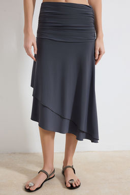 Antrasit Skater Asimetrik F?rf?rl? Yuksek Bel Midi Esnek Orme Etek TWOSS26ET00026 - Trendyolmilla фото 3