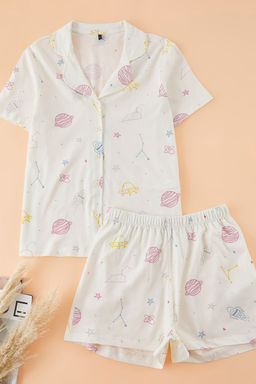Trendyolmilla Ekru %100 Pamuklu Galaksi Desenli Sortlu Orme Pijama Tak?m? THMSS25PT00299  фото 7