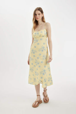 Льняное платье миди с цветочным принтом и бретельками А-силуэта - Defacto фото 7