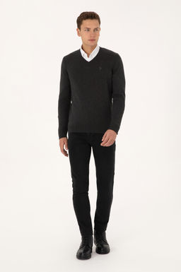 Erkek Slim Fit V Yaka Antrasit Melanj Basic Triko Kazak - U.s. polo assn фото 4