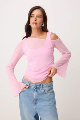 Ac?k Pembe Fitted/Vucuda Oturan Asimetrik Yaka Cift Gorunumlu Buzgulu Tul Orme Bluz TWOSS26BZ00071