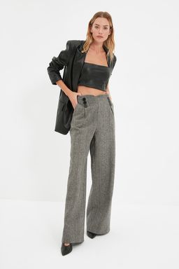 Gri Dugme Detayl? Wide Leg Dokuma Pantolon TWOAW21PL0492 Palazzo