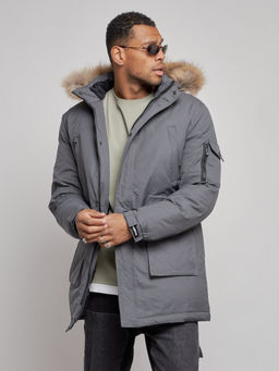 Парка мужская зимняя удлиненная с мехом темно-серого цвета 8318TC