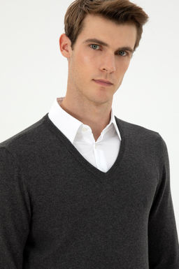 Erkek Slim Fit V Yaka Antrasit Melanj Basic Kazak - U.s. polo assn фото 2