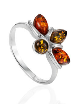 Эффектное кольцо из натурального янтаря разных цветов Флора