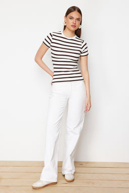 Kahverengi Cizgili Viskoz/Yumusak Kumas Vucuda Oturan Orme Bluz TWOSS24BZ00296