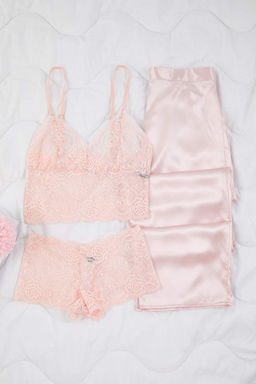 Lacivert 3lu Ceyiz Set Ust Dantel, Alt Saten Ask?l? Kulotlu Dokuma Pijama Tak?m? THMAW26PT00077 - Trendyolmilla фото 33