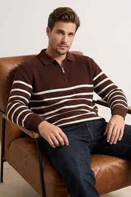 Kahverengi Oversize Polo Yaka _izgili Kazak TMNAW24KZ00018