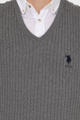 U. S. Polo Assn Мужской серый меланжевый базовый трикотажный свитер с v-образным вырезом - U.s. polo assn фото 6