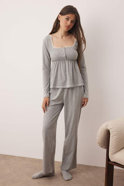 Gri Melanj Pamuklu Dantel Detayl? Orme Pijama Tak?m? THMAW26PT00084 - Trendyolmilla фото 2