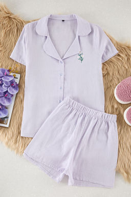 Trendyolmilla Lila %100 Pamuklu Papatya Nak?sl? Muslin Sortlu Dokuma Pijama Tak?m? THMSS25PT00032 фото 8