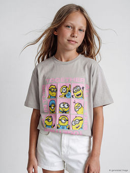 Bisiklet Yaka Minions Bask?l? K?z ?ocuk Ti??rt