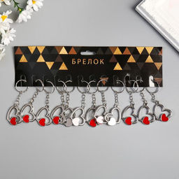 Цена за 12 шт. Брелок для ключей на кольце Двойное сердечко, металл, серебро с красным, 2.6?3 см