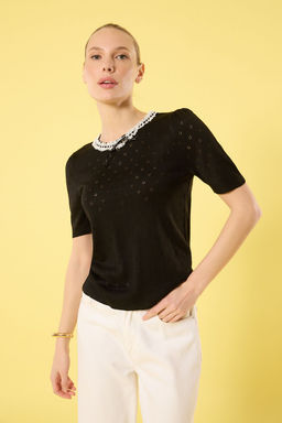 Trendyolmilla Siyah Bisiklet Yaka Dantel Detayl? Ajurlu Triko Bluz TWOSS25BZ00176