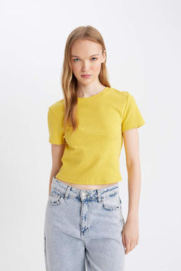 Классная базовая футболка в рубчик с круглым вырезом и короткими рукавами - Defacto фото 3