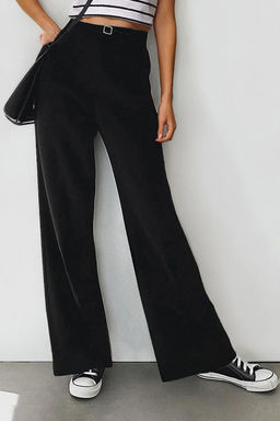 Siyah Yuksek Bel Wide Leg/Genis Paca Pileli Dokuma Kumas Pantolon TWOAW21PL0076