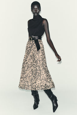 ANIMAL PRINT COMBINATION MIDI DRESS WITH BELT