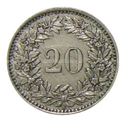 Монета 20 раппенов 1945 года Швейцария