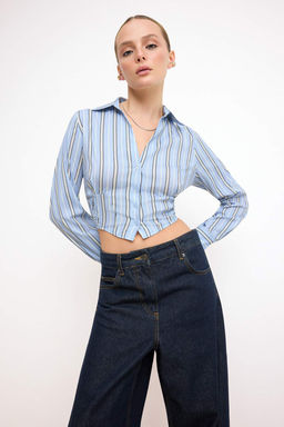 Mavi-Cok Renkli Cizgili Bedene Oturan Gipe Detayl? Crop Gomlek TWOSS26GO00108