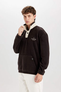 Флисовый свитшот свободного кроя с воротником-стойкой и вышивкой на кнопках - Defacto фото 4