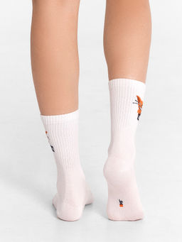 Цена за 5 пар! Носки женские высокие белые с узором в виде котика и надписью "Серада" белый 217K-2666