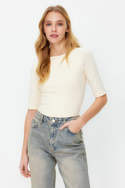 Tas Fitted/Vucuda Oturan Kay?k Yaka K?sa Kollu Pamuklu Esnek Orme Bluz TWOSS24BZ00076