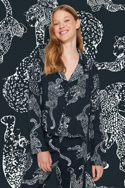 Trendyolmilla Antrasit Kaplan Desenli Viskon Dokuma Pijama Tak?m? THMAW24PT00092  фото 18