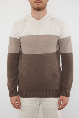 Ekru Regular Yunlu Kapusonlu Renk Bloklu Triko Kazak TMNAW22KZ0822