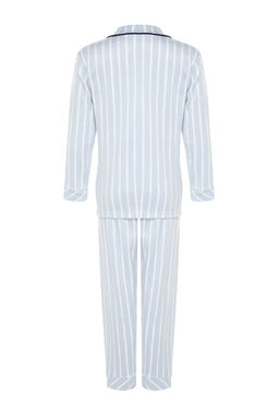 Mavi Cizgili Biye Detayl? Uyku Bantl? Polar K?sl?k Orme Pijama Tak?m? THMAW22PT0360